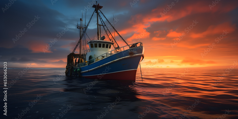 trawler fishing boat on calm ocean at sunset