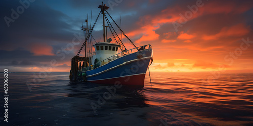 trawler fishing boat on calm ocean at sunset