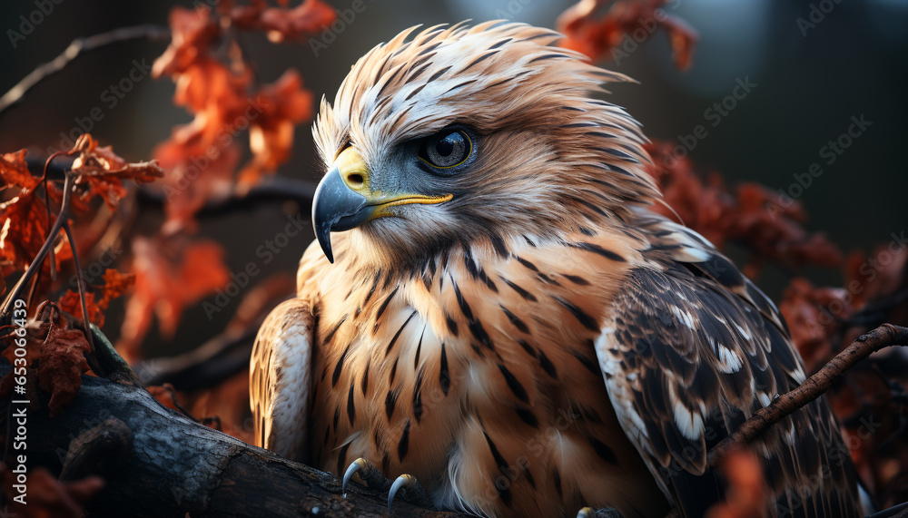 Majestic bird of prey perching on branch, looking at camera generated by AI Majestic bird of prey perching on branch, looking at camera generated by AI