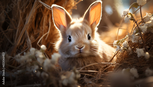 Cute fluffy rabbit sitting in grass  enjoying nature generated by AI