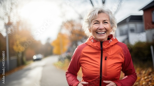Beautiful older white woman with big smile working out engaged in physical activity. generative AI