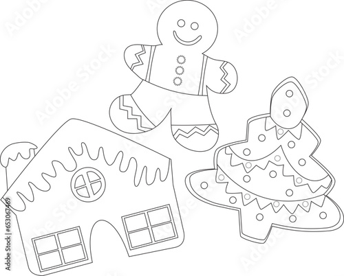 Line drawn Christmas cookies coloring page. Vector illustration. Freehand sketch for anti stress coloring book page with doodle