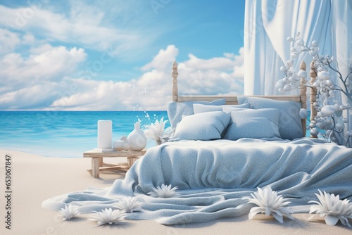 A 3D rendered oceanic scene with sandy bed and a vibrant blue surface. Generative AI