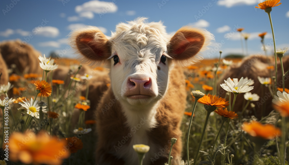 Obraz premium Cute cow grazing in green meadow, looking at camera generated by AI