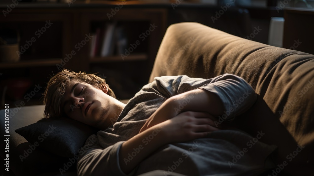 Fototapeta premium Depressed young man sleeping on the sofa Depression mental health problems, abnormal thinking