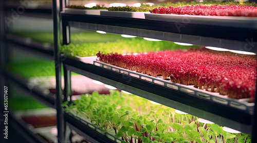 Shelves with radish microgreens in a mini farm, hydroponic urban microgreens farm photo