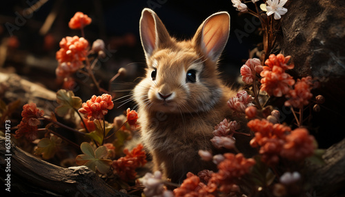 Cute fluffy rabbit sitting on green grass, surrounded by flowers generated by AI