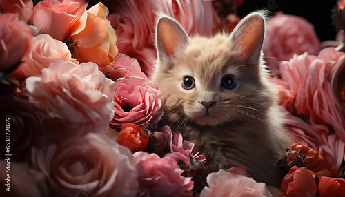 Cute kitten sitting outdoors, looking at camera with flower generated by AI