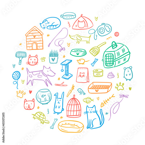 Round vector illustration of hand-drawn objects for pets in the doodle style