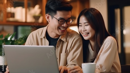 Connected Hearts: Asian Couple's Joyful Virtual Moment