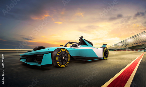 Racer on a racing car on track during sunset. Motion blur background. 3D rendering