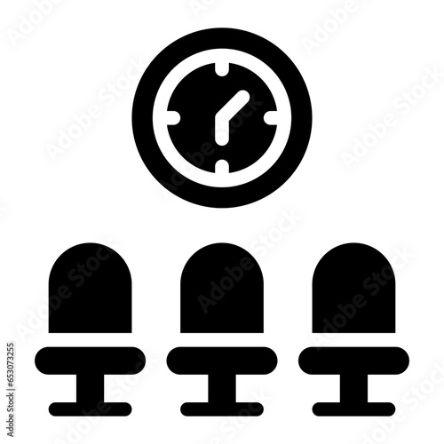  waiting room, seats, arrival, transportation, travel, time, clock Icon, Glyph style icon vector illustration, Suitable for website, mobile app, print, presentation, infographic and any other project.
