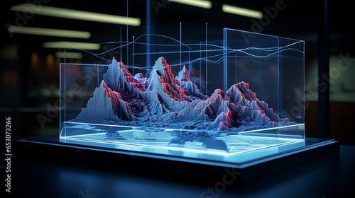 Holographic topography map displays land surfaces realistically, depicting mountains, valleys, and terrain contours in vivid, tangible detail.