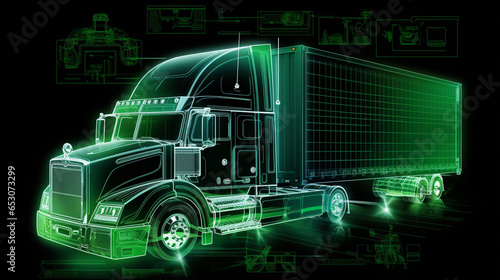 A holographic truck diagram displays a 3D image, revealing truck components like wheels, cargo bed, cabin, providing a lifelike visual.
