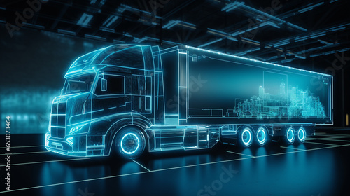 A holographic truck diagram displays a 3D image, revealing truck components like wheels, cargo bed, cabin, providing a lifelike visual.