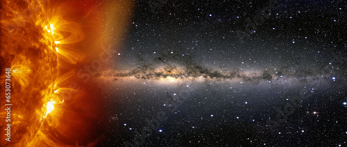 Fototapeta Naklejka Na Ścianę i Meble -  Our star with magnetic storms. Plasma flash on the surface of a our star with Milky Way galaxy 