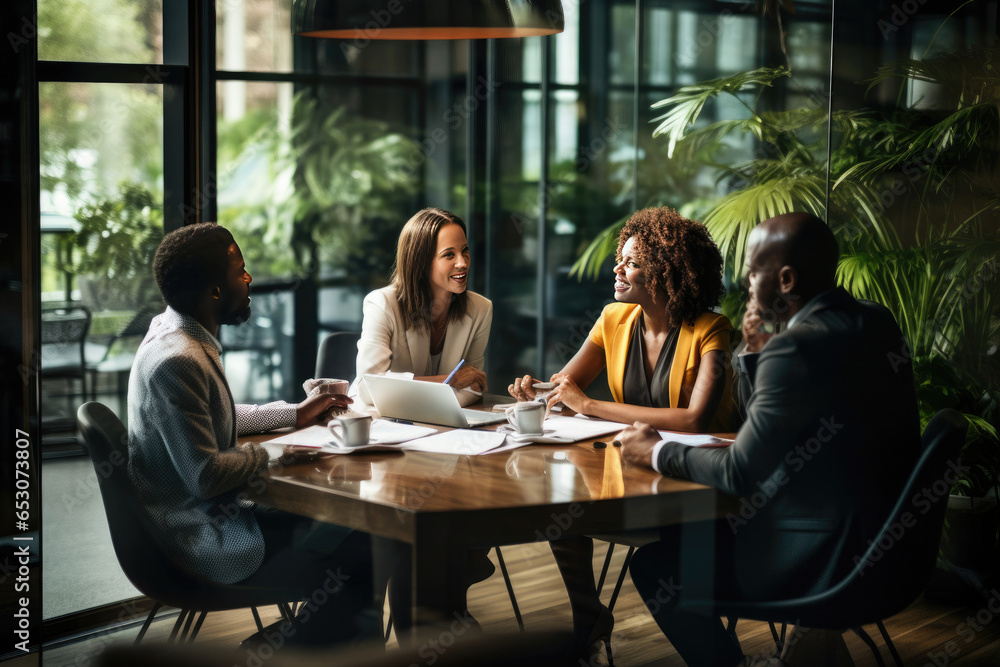People engaged in conversation around a table People engaged in conversation around a table