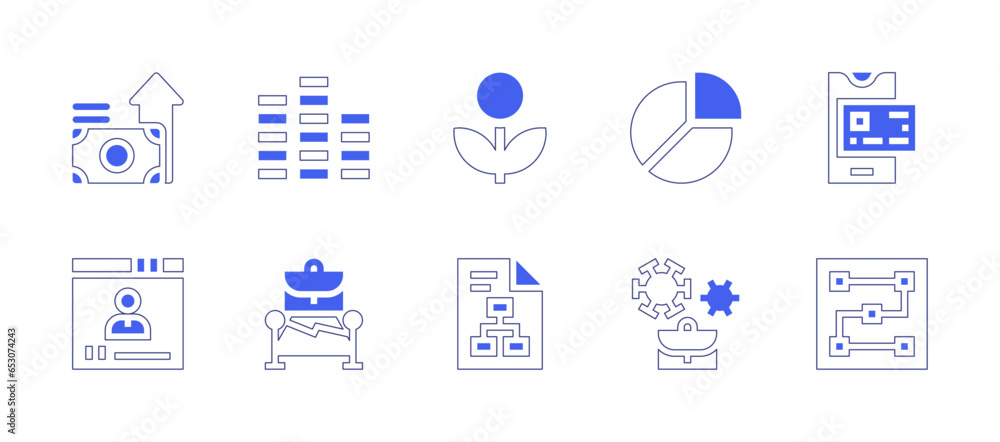 Business icon set. Duotone style line stroke and bold. Vector illustration. Containing benefits, video conference, stack, investment, chart, mobile payment, presentation, tactic, promotion, pandemic.