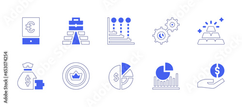 Business icon set. Duotone style line stroke and bold. Vector illustration. Containing smartphone, money bag, career, stats, settings, gold, coin, pie chart, market.