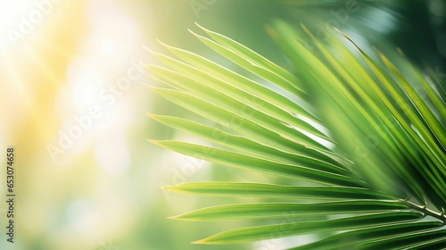 Blurred green palm leaf on tropical beach with bokeh sunlight