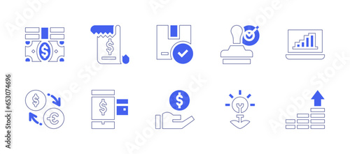 Business icon set. Duotone style line stroke and bold. Vector illustration. Containing invoice, package, payment method, money, bills, exchange, rubber stamp, laptop, growth. © Huticon