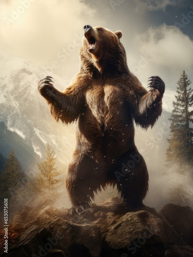 Ferocious grizzly bear standing on his hind legs. generative AI photo