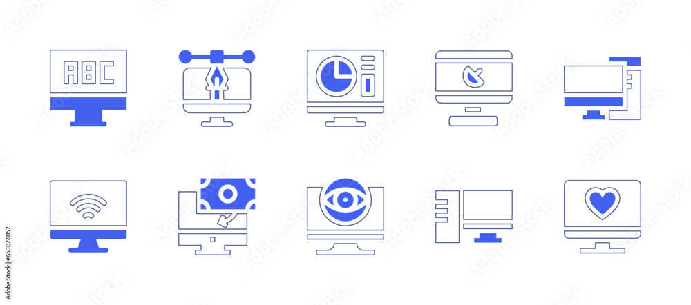 Computer screen icon set. Duotone style line stroke and bold. Vector illustration. Containing pc, computer, monitor, payment.