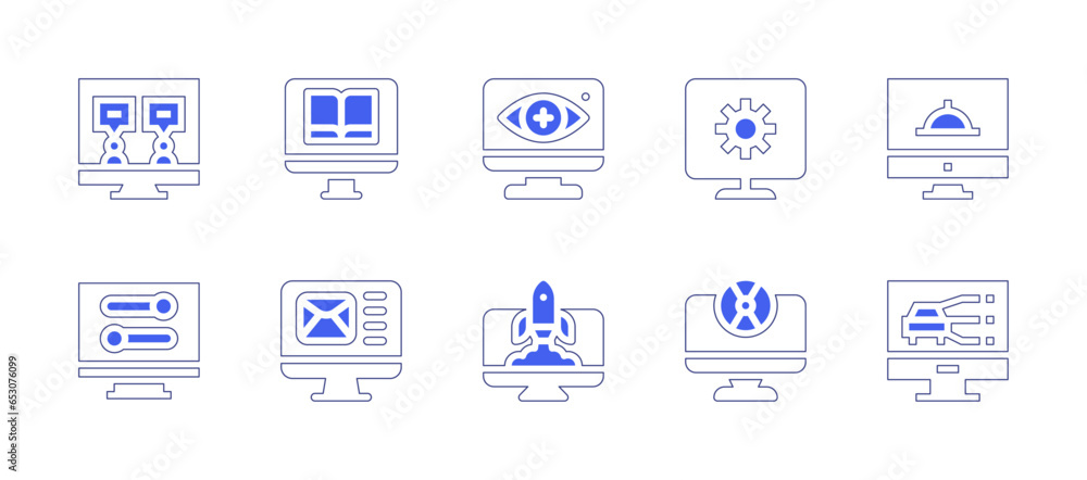 Computer screen icon set. Duotone style line stroke and bold. Vector illustration. Containing videocall, elearning, setup, email, augmented reality, monitor, startup, software, restaurant, check.