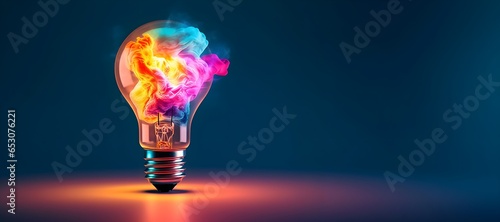 Creative light bulb explodes with colorful paint and splashes on a dark background. Think differently creative idea concept .generative ai photo