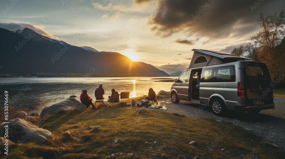 family camping car Go on holiday in a campervan, parked next to the river, with the mountains behind the sunset. - obrazy, fototapety, plakaty 