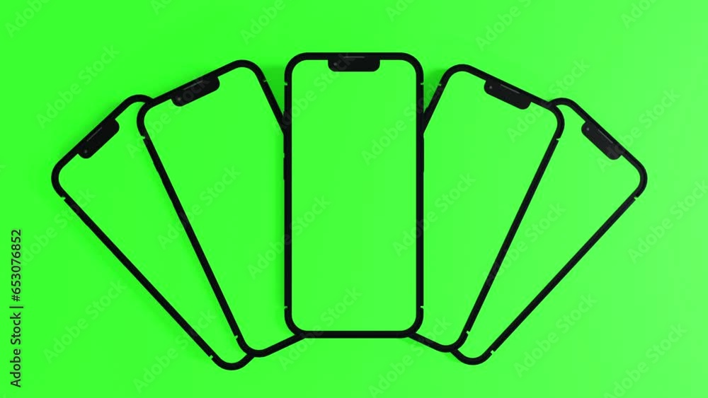 Five mobile phone move and show green screen, application or website present, 3D rendering 4K Five mobile phone move and show green screen, application or website present, 3D rendering 4K