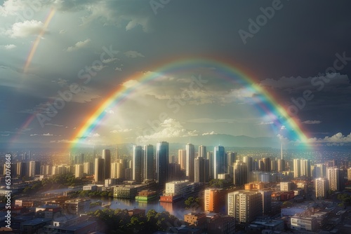 Rainbow over the city, Bangkok, Thailand. Double exposure.