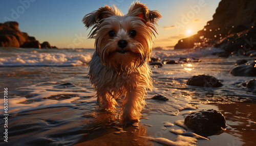 Cute terrier puppy enjoys summer sunset on sandy beach generated by AI