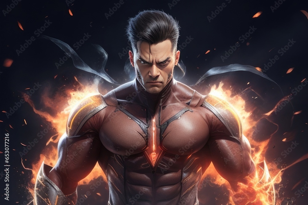 Portrait of a powerful muscular superhero over black background with fire flames.
Portrait of a powerful muscular superhero over black background with fire flames.