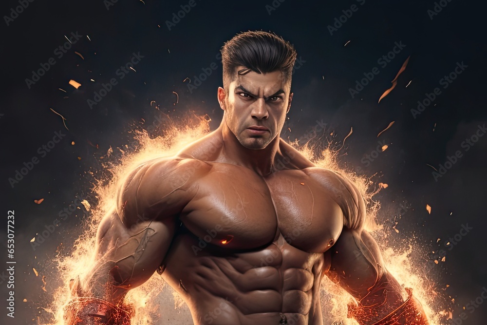 Strong muscular man with fire flames on black background. Strength and motivation.