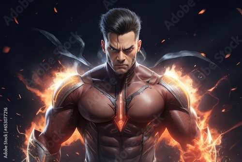 Portrait of a powerful muscular superhero over black background with fire flames. 