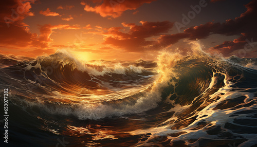 Majestic sunset  crashing waves  nature abstract illustration generated by AI