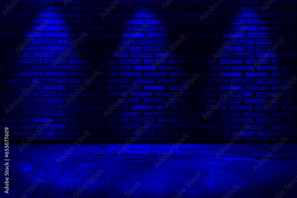 dark blue neon light on brick walls that are not plastered background and texture. Lighting effect dark blue neon background.