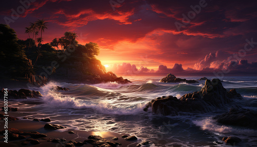 Sunset over the coastline  waves crash on rocky cliffs generated by AI