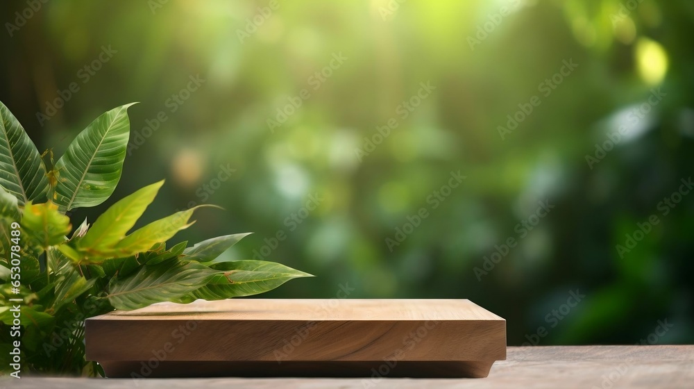 Wooden product display podium with blurred nature leaves backdrop Wooden product display podium with blurred nature leaves backdrop