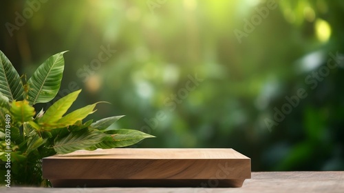 Wooden product display podium with blurred nature leaves backdrop