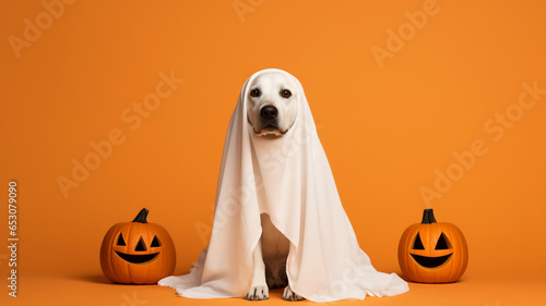 Funny dog wearing cute ghost halloween costume