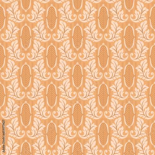 Elegant vintage wallpaper with leaves and lattice elements in beige, seamless pattern, vector
