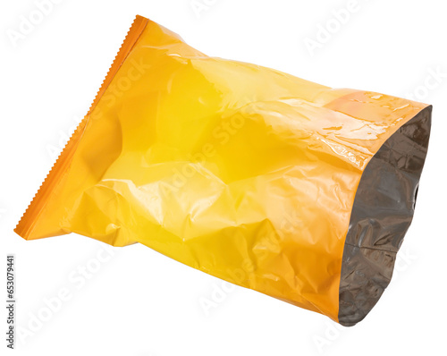 Empty Foil and plastic snack bags mockup isolated on white background, Yellow pillow packages for food production, snack wrappers on White Background PNG File.