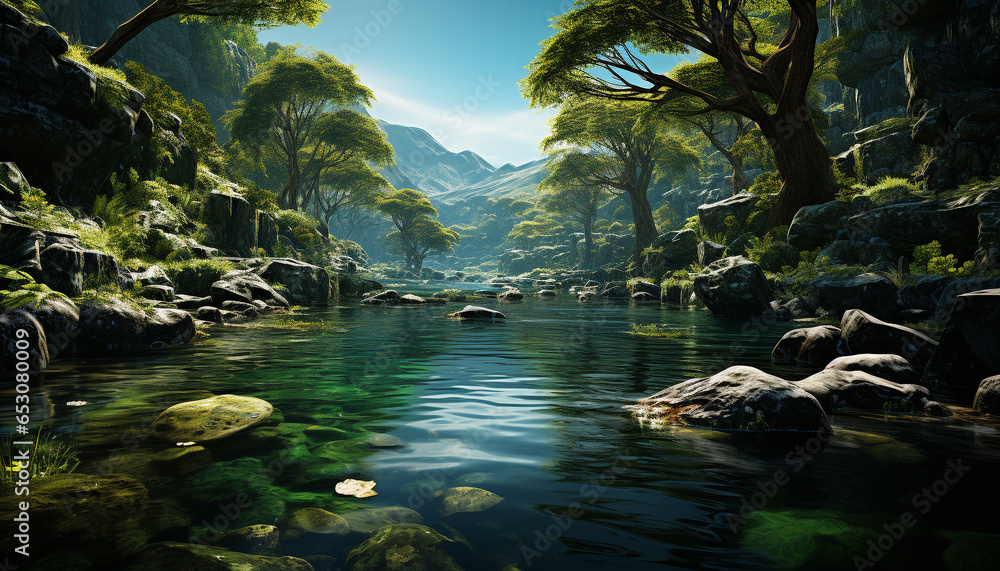 Tranquil scene green forest, flowing water, mountain peak, nature beauty generated by AI