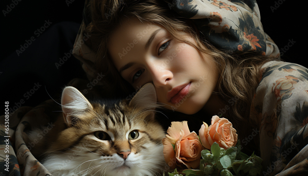 A cute girl smiling, embracing a kitten, surrounded by nature generated by AI A cute girl smiling, embracing a kitten, surrounded by nature generated by AI