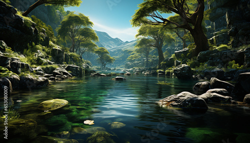 Tranquil scene green forest  flowing water  mountain peak  nature beauty generated by AI