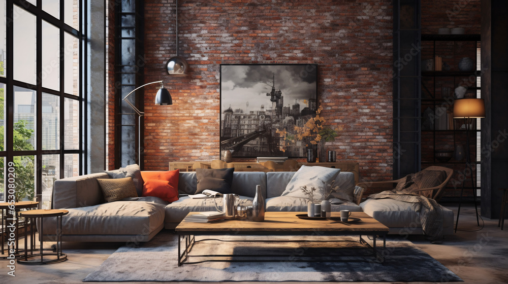 Industrial interior design for a modern living room featuring an elegant sofa, framed artwork, a table, and accessories Industrial interior design for a modern living room featuring an elegant sofa, framed artwork, a table, and accessories