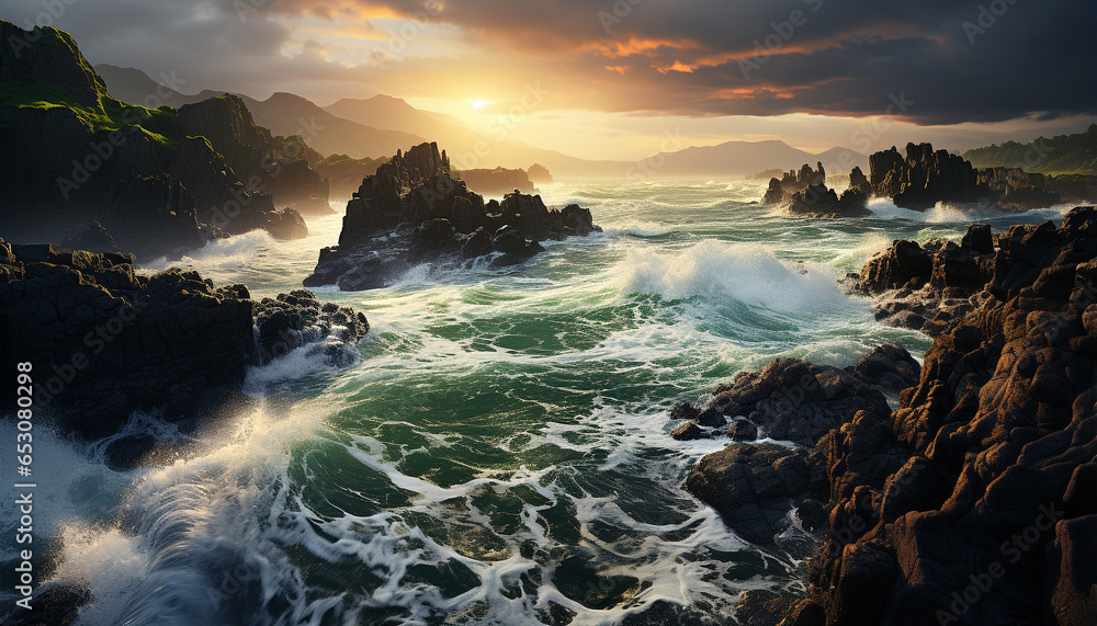 Sunset over the coastline, waves breaking on rocky cliffs generated by AI