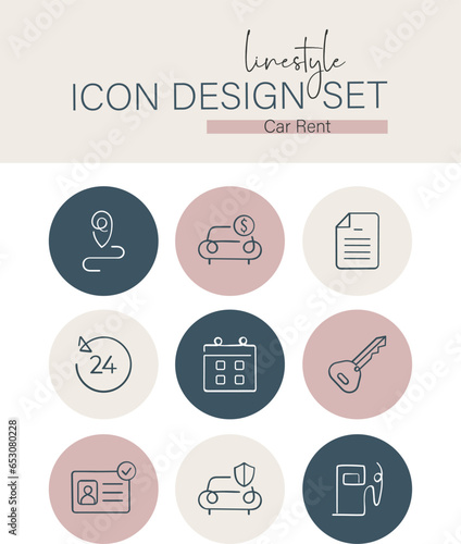 Linestyle Icon Design Set Car Rent
